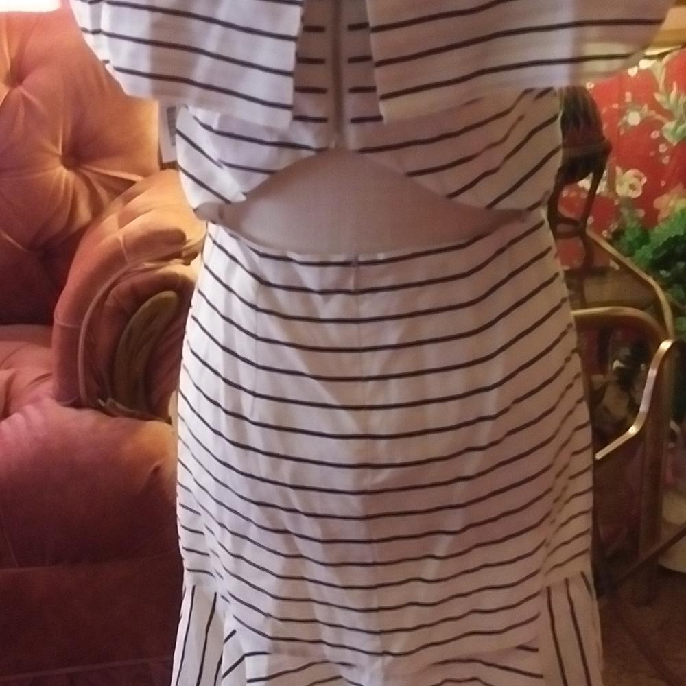 white dress with navy blue strips
